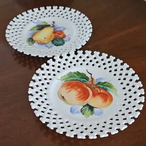 Lefton Reticulated Porcelain Hand-Painted Fruit Accent Plates- Set of 2
